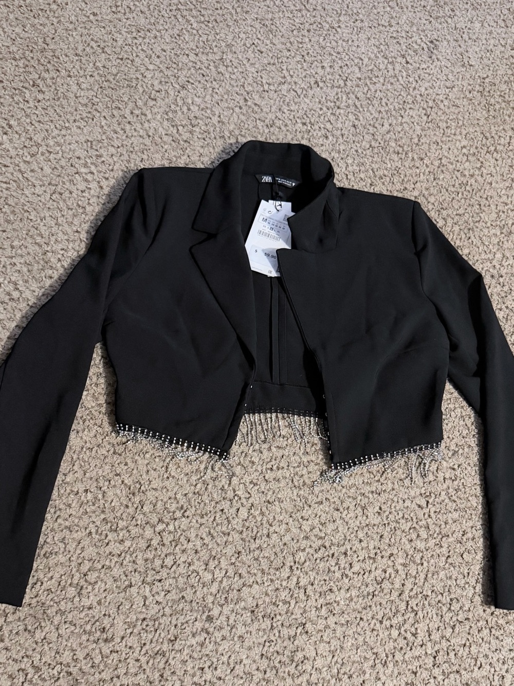 Zara Black Cropped Blazer with Rhinestone Fringe - Picture 3 of 5